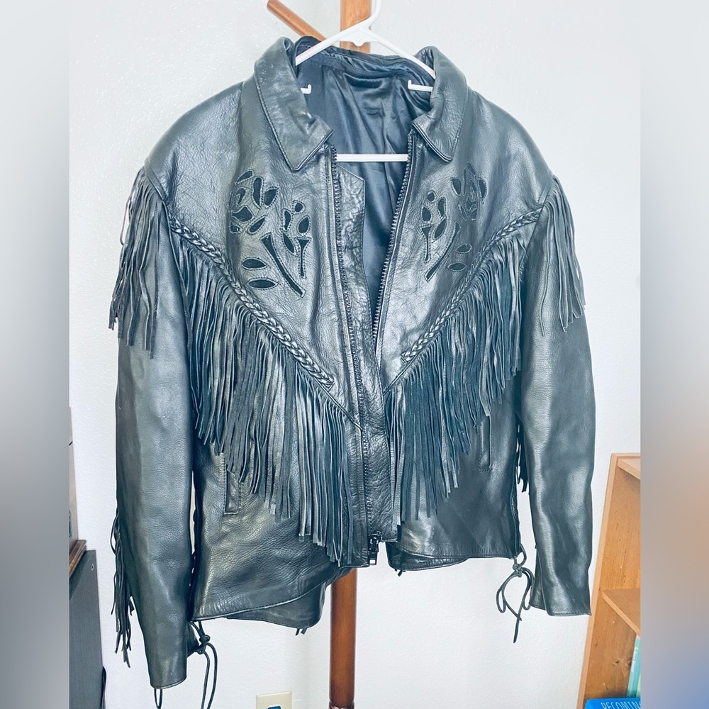 Vintage Genuine Black Leather Rose Cutout Boho Fringe Motorcycle Jacket Medium